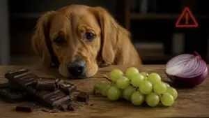 Perro mirando una mesa con alimentos tóxicos para perros como chocolate, uvas y cebolla