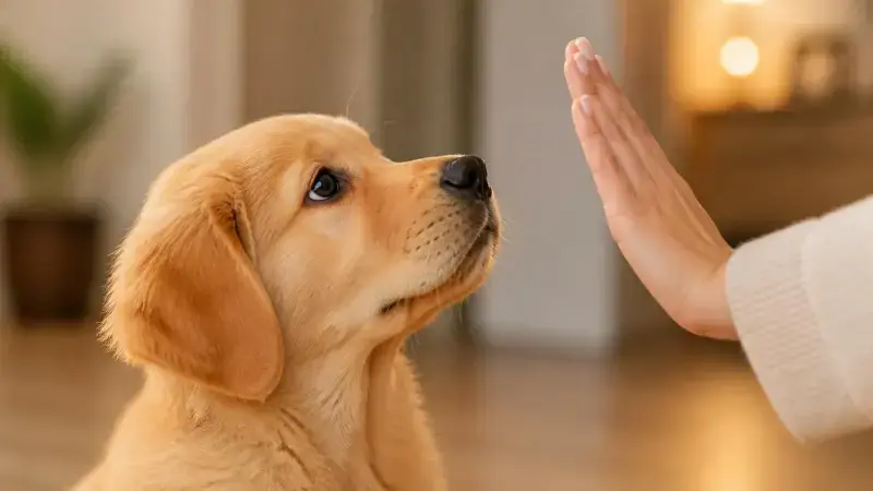 Cachorro aprendiendo comandos de obediencia canina en casa