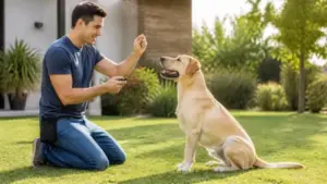 Dueño enseñando comandos básicos y cómo educar a un perro con refuerzo positivo