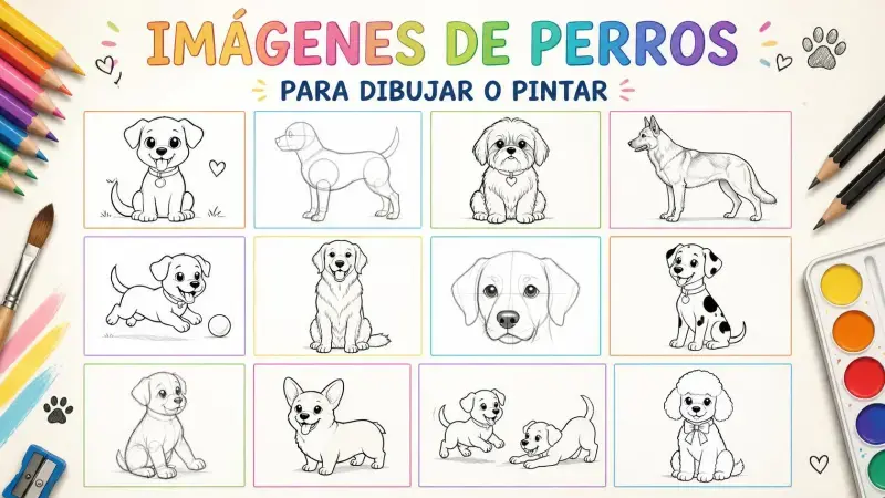 Plantilla con varios recuadros que contienen diferentes imágenes de perros para dibujar o pintar, ideal para niños y principiantes