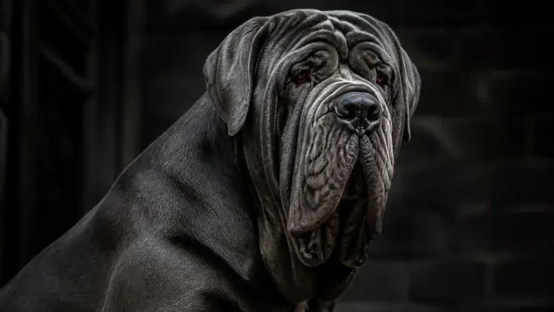 Mastín Napolitano mostrando sus arrugas, un moloso masivo y el perro más grande del mundo en densidad muscular
