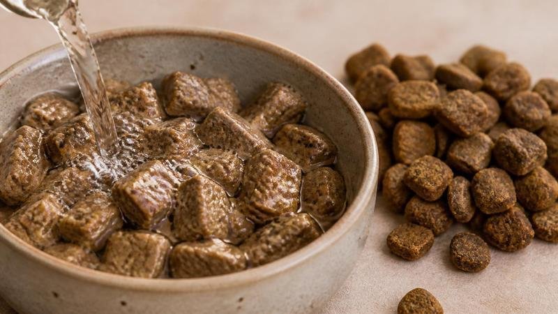 Cuenco con alimento deshidratado y pienso prensado en frío para perros