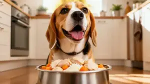 Perro feliz a punto de comer una receta de comida casera saludable