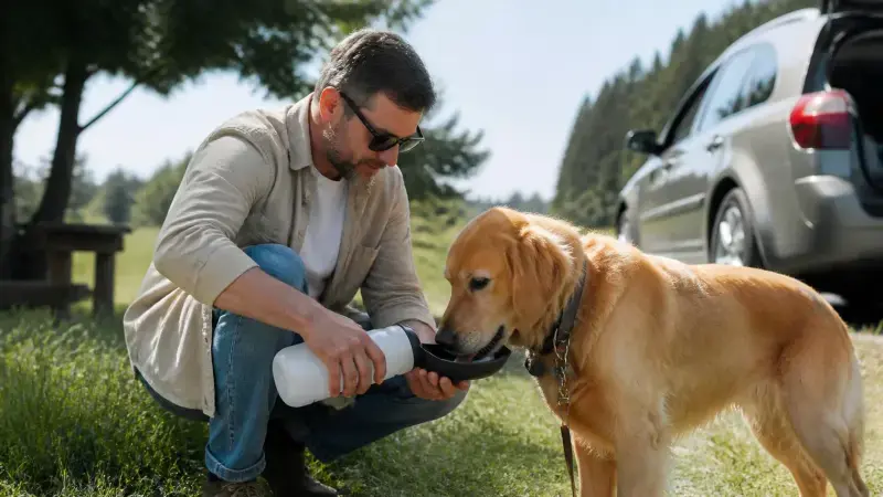 Dueño hidratando a su perro durante una parada en un viaje en coche