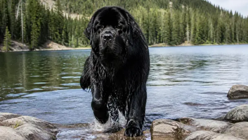 Perro Terranova gigante saliendo del agua, un excelente nadador y el canino más grande del mundo acuático