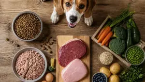Diferentes tipos de alimentación para perros incluyendo pienso seco, dieta BARF y comida húmeda