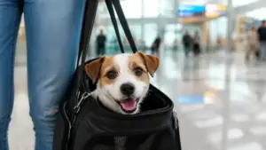 Perro feliz dentro de un bolso transportador listo para viajar en avión en cabina