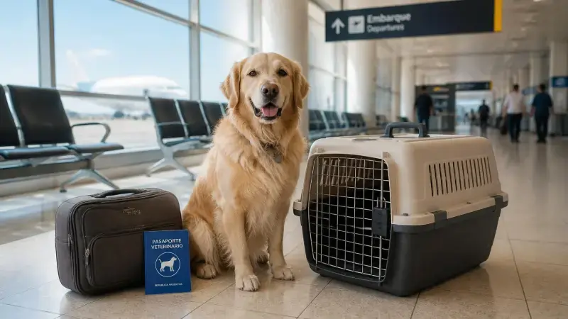 Perro grande junto a su kennel rígido y documentos para viajar en bodega de avión