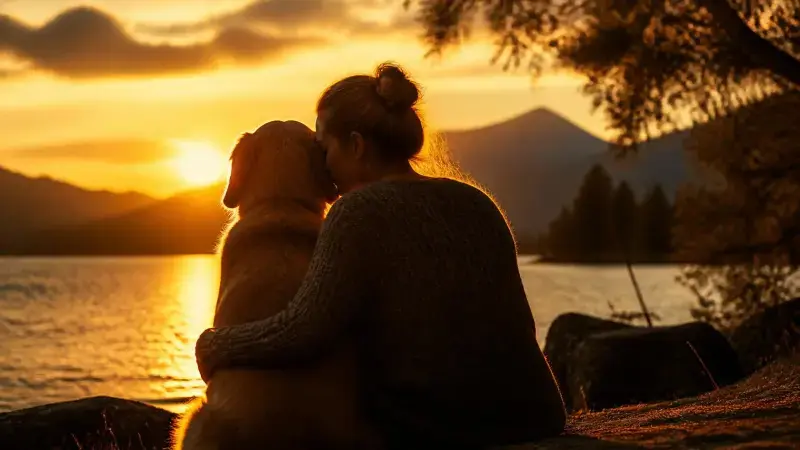 Persona abrazando a su perro al atardecer, representando la conexión espiritual y la leyenda de que los perros salvan vidas al morir