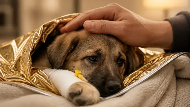 Dueño cuidando a un cachorro decaído que ha perdido el apetito