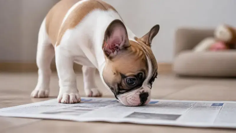 Cachorro aprendiendo a orinar sobre papel periódico o empapadores