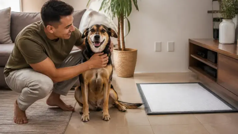 Dueño premiando a su perro por aprender cómo orinar en un solo lugar dentro de casa