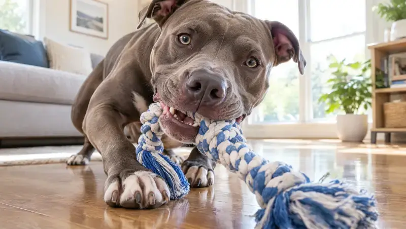 Cachorro pitbull jugando con una cuerda, mostrando la correcta estimulación para un pitbull bebé.