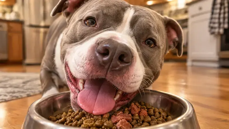 Cachorro pitbull comiendo de su plato, ilustrando cuál es el pienso para un pitbull cachorro.