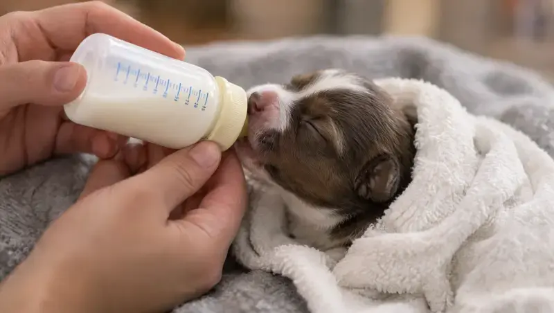 Persona alimentando con biberón, mostrando cómo criar a un cachorro recién nacido sin madre.