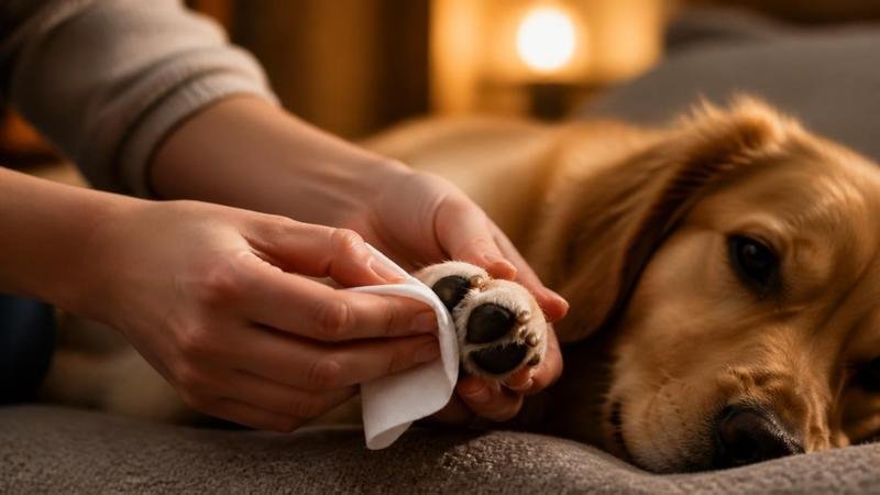 Dueño limpiando suavemente la pata de un perro con una toalla húmeda para calmar el picor