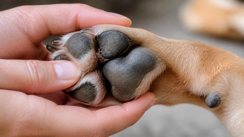 Fotografía en plano detalle que muestra la mano cariñosa de una persona sosteniendo e inspeccionando suavemente la almohadilla y entre los dedos de la pata de un perro sano, luz natural suave, enfoque nítido en la pata, fondo difuminado.